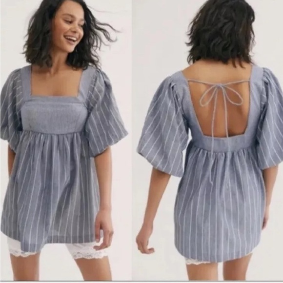 FREE PEOPLE Gigi Striped Puff Sleeve Babydoll Tunic Top EUC Size Large - Picture 1 of 12